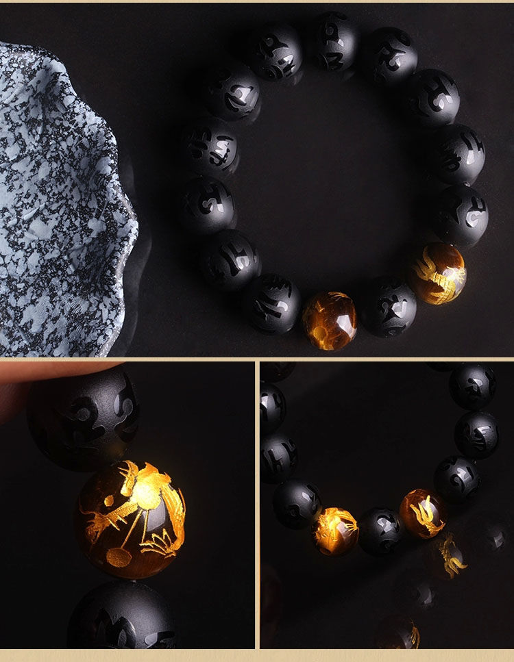 慈灵阁黑玛瑙佛珠手链男士虎眼石水晶手串六字真言首饰饰品黑色壮男