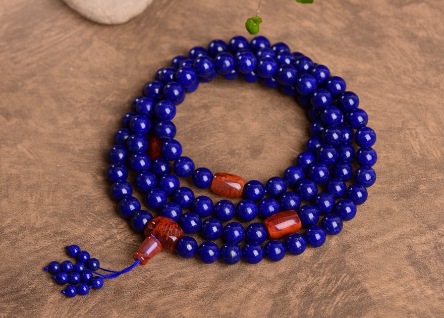 诺源珠宝天然阿富汗青金石手链108颗三圈佛珠配四川南红佛头三通帝王