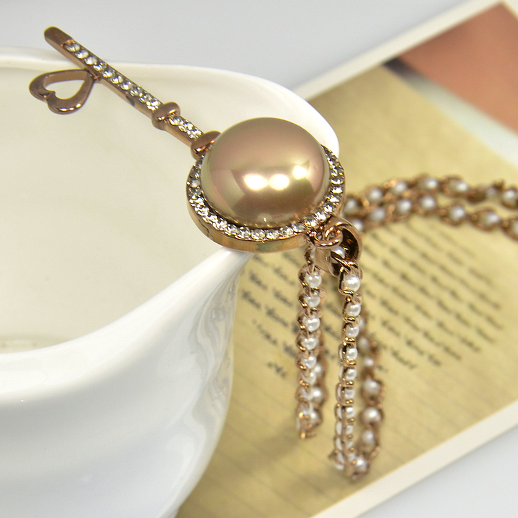 形象派 韩版仿珍珠毛衣链 长款 钥匙项链装饰 咖啡金色