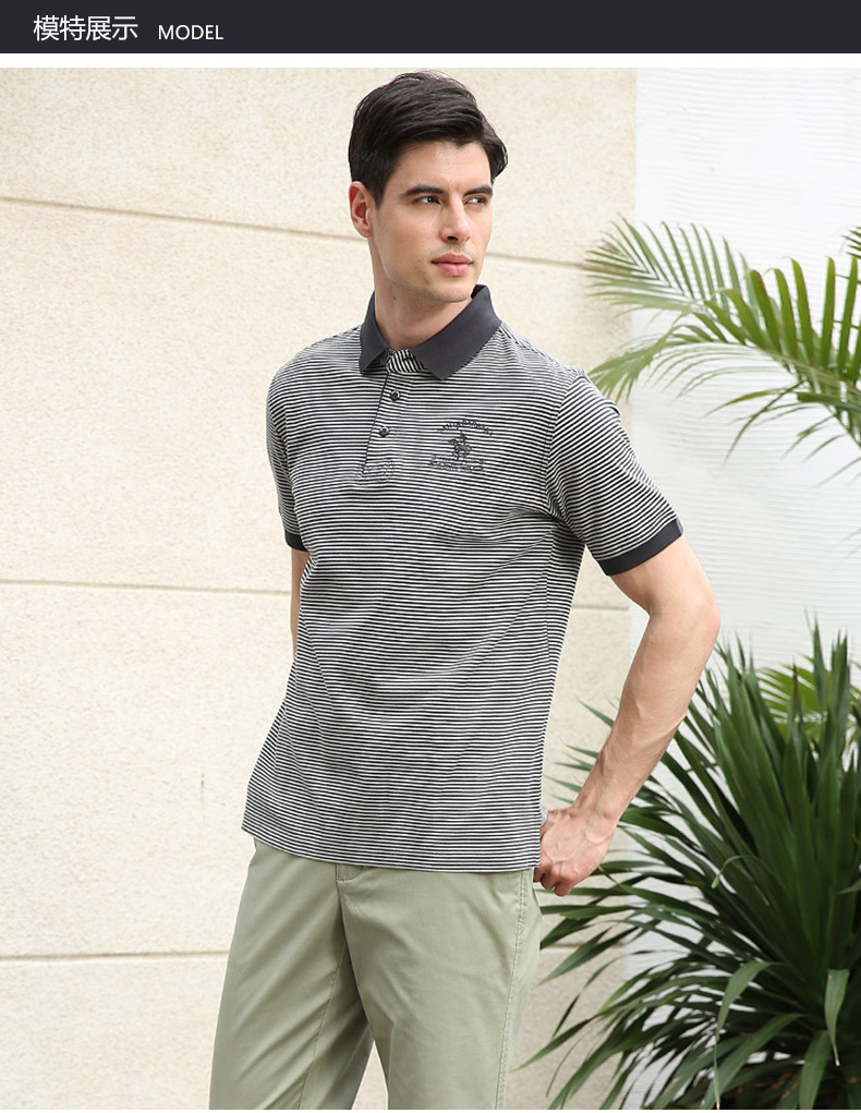 圣大保罗 男装 休闲男士纯棉丝光棉翻领短袖薄款宽松版条纹polot恤衫