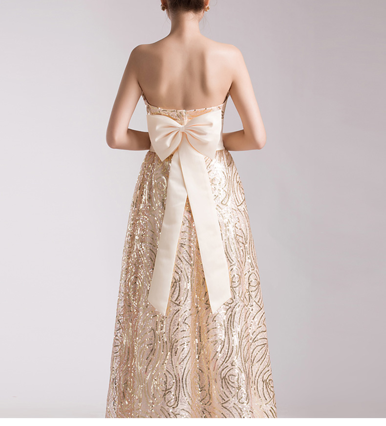 伊莱莲2016春季新款伴娘礼服 金色晚礼服长款 金色亮片演出服长款