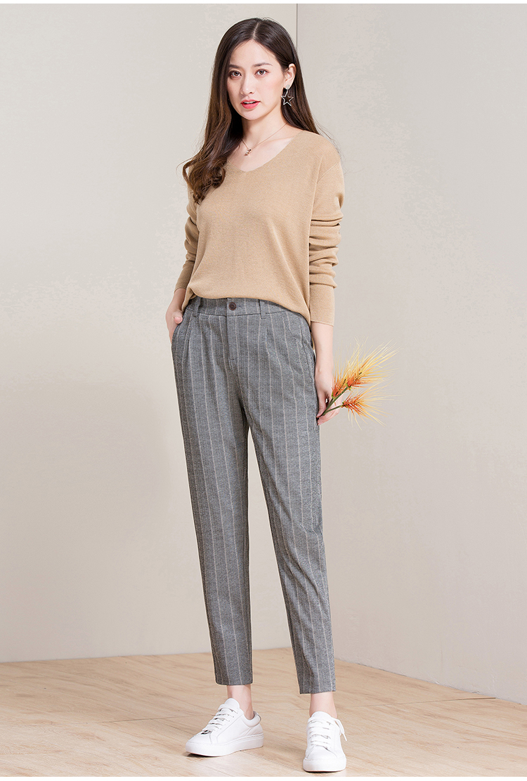 梦舒雅女裤哈伦裤女九分裤2018秋季新款宽松百搭休闲裤小脚条纹格子裤