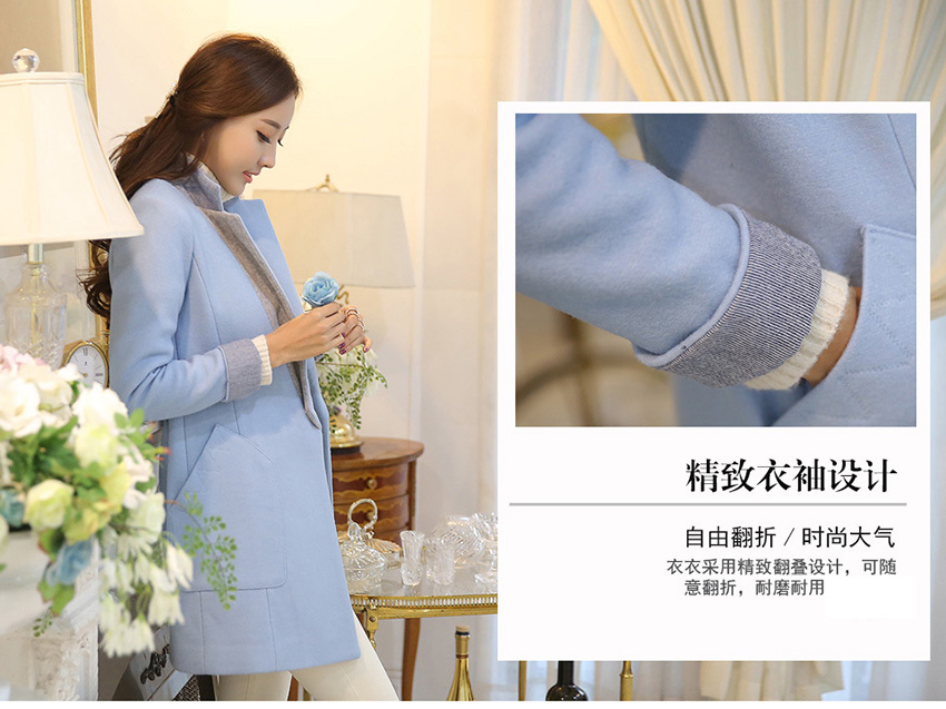 
                                        Hizze 毛呢外套女2017冬装新款女装通勤修身翻领天蓝色时尚中长款呢子大HYT5837 图片色 M                