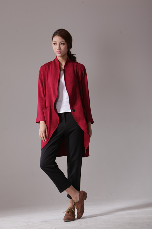 6079#秋季2015休闲小西装女外套亚麻显瘦中长款长袖休闲西服 藏青色 M