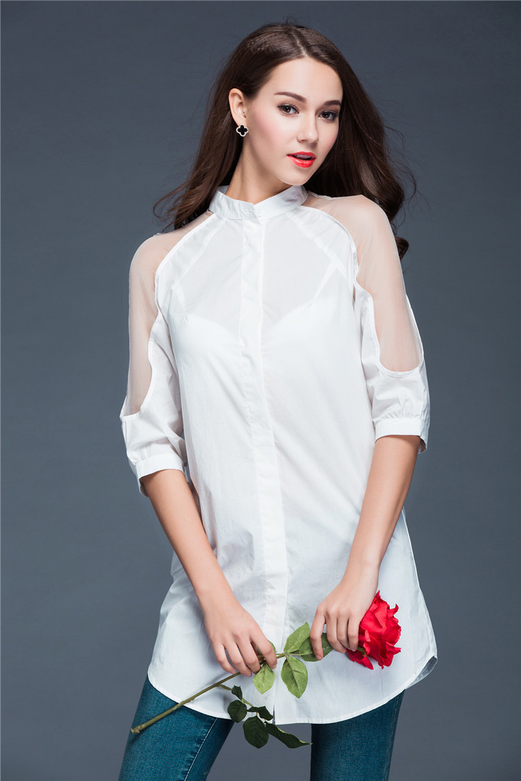 媚丽小妖 欧美2016秋季新款女装职业中袖个性钉珠肩膀拼接中长款个性衬衫女 白 色 L