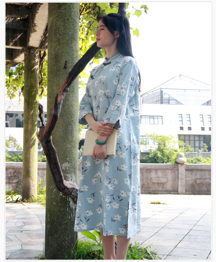 
                                                                                乱在江南民国风立领盘扣棉麻旗袍裙中长款夏季文艺复古印花连衣裙 浅蓝花色 均码                