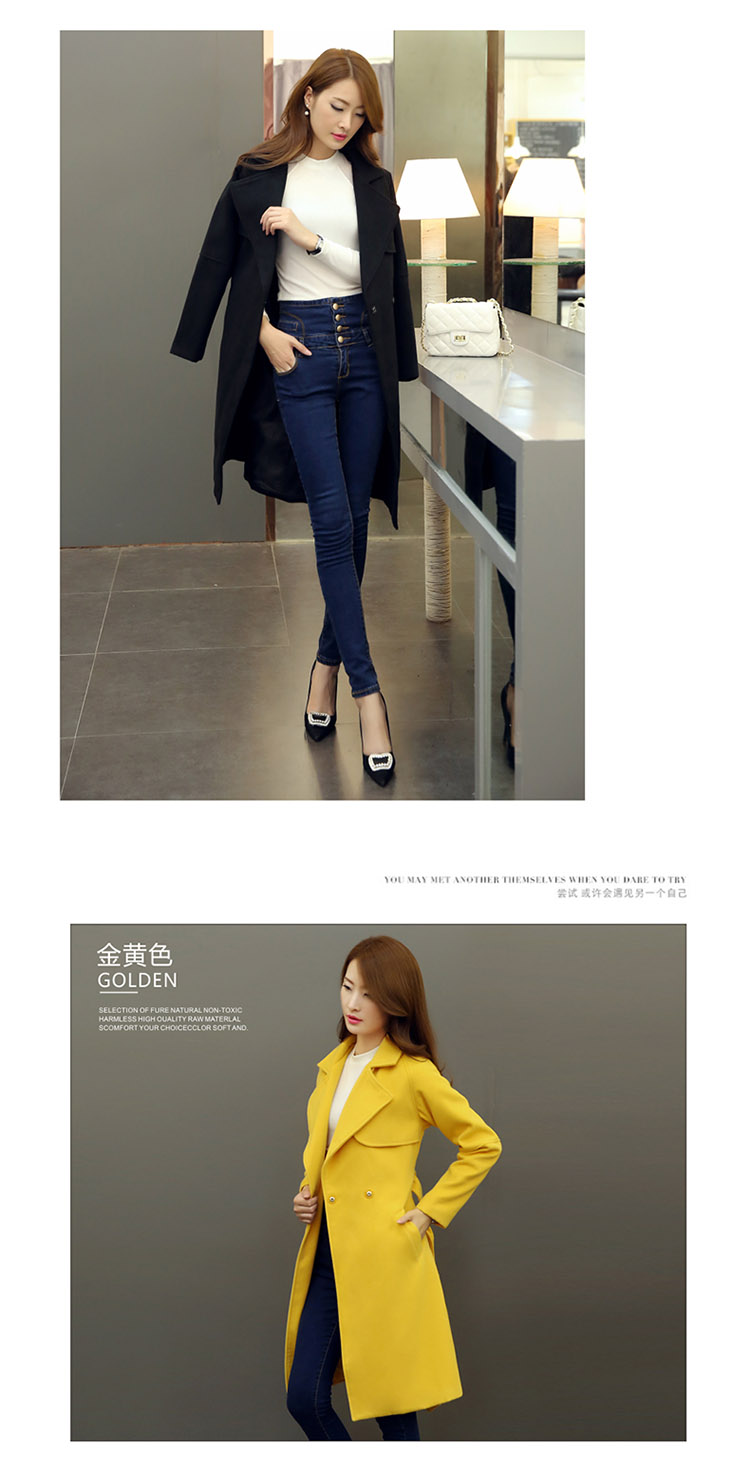 约莉2016春秋新款毛呢大衣女修身韩版中长款毛呢外套女L141 藏青色   L