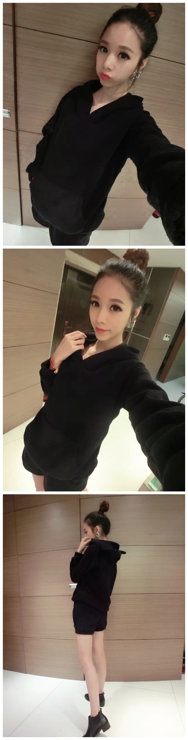 彼爱诗2016新款春秋装外套女短款 韩版可爱加厚毛毛保暖连帽卫衣外套上衣+短裤两件套装 黑色 均码