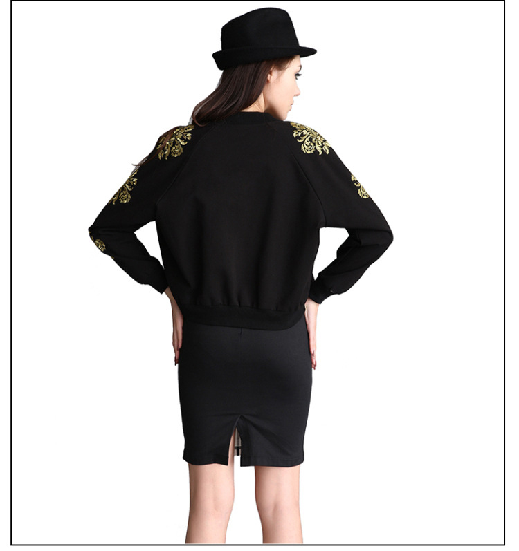 
                                        茉蒂菲莉 棒球服女刺绣2016时尚棒球衫 圆领长袖宽松秋冬天短外套女 黑色 L                