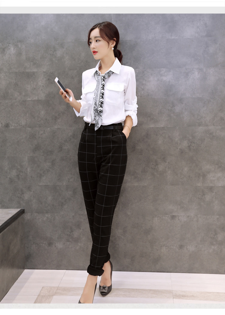 向佐2016女装秋冬新款韩版时尚翻领女士立领衬衫休闲格子小脚裤套装两件套 古铜 M