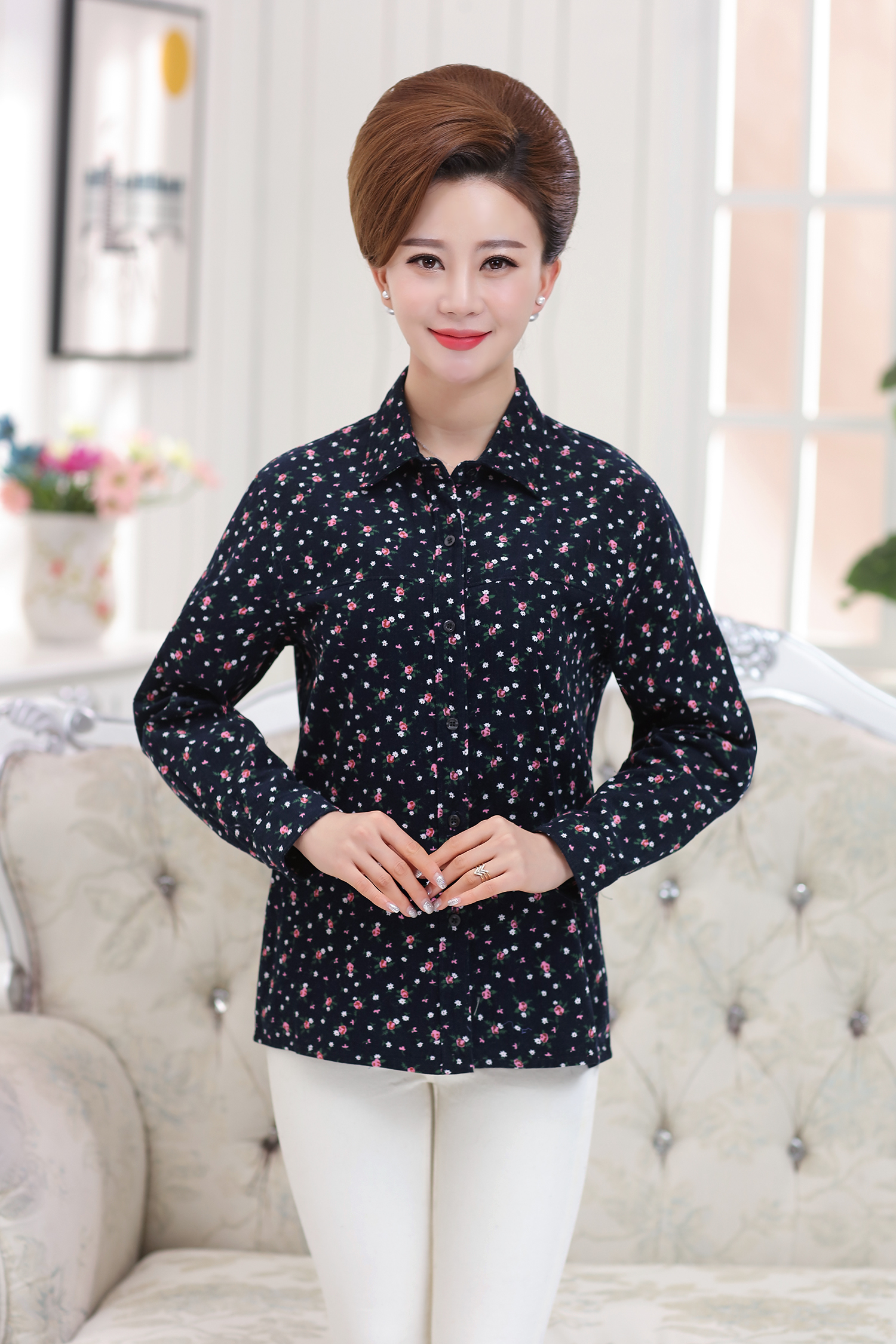 艾衣芙勒妮 春夏季中老年女装长袖衬衫显瘦翻领大码妈妈装衬衣 红色大