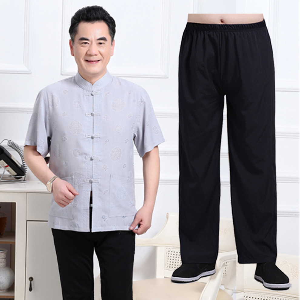 套装短袖爷爷唐装老人夏天男士两件套爸爸装衣服老头夏季上衣裤子父亲