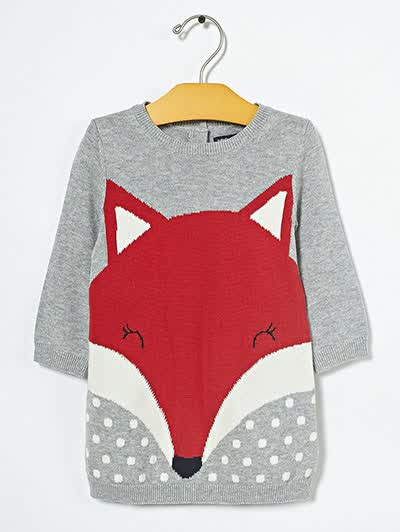 狐狸图案针织连衣裙|婴儿557080 浅灰 80cm 12-18月【图片 价格 品牌