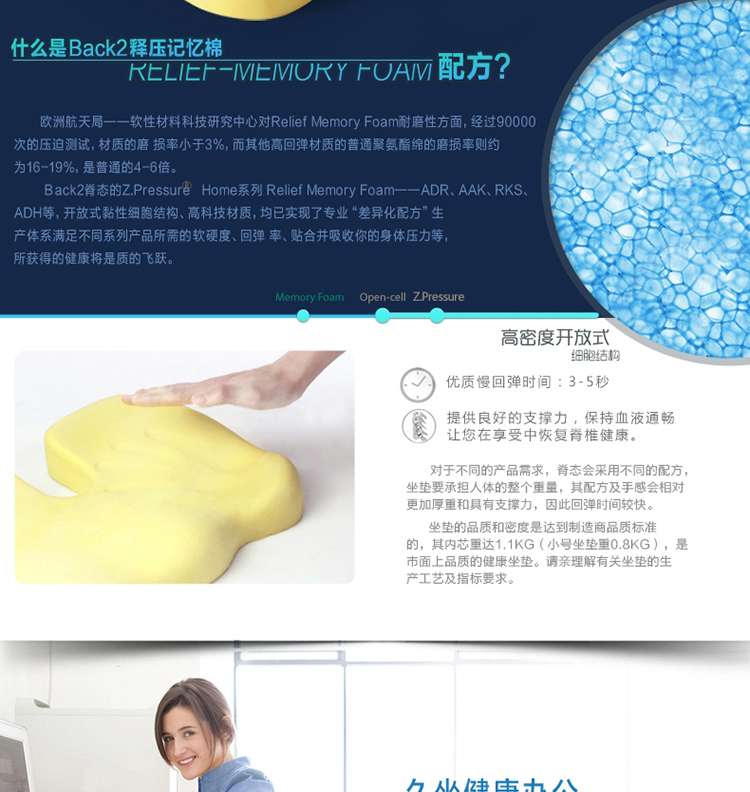 Back2脊态 记忆棉保健办公坐垫 护臀坐垫 藏蓝色 加宽