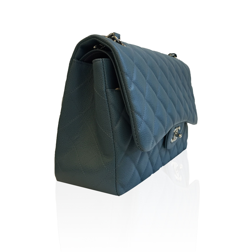 99新未使用 chanel jumbo 牛仔蓝荔枝皮银链两用包