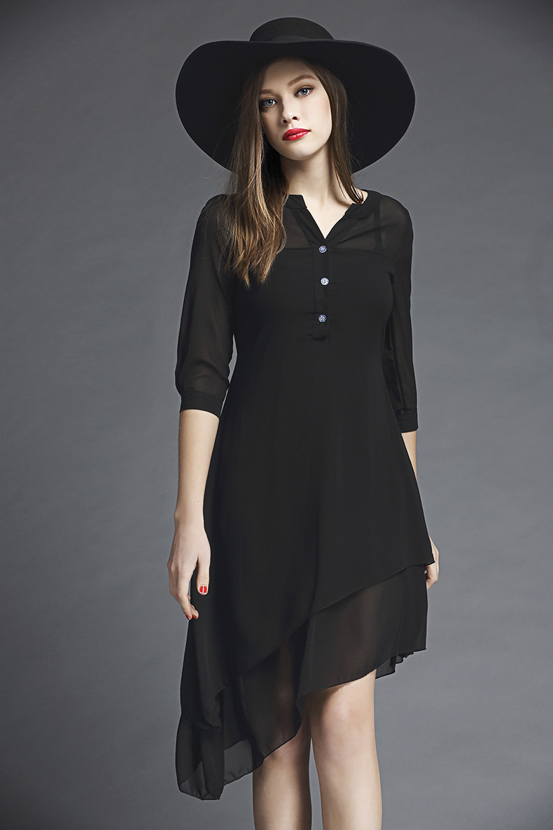 2016春季时尚欧美女装网纱拼接黑色显瘦连衣裙ol气质中裙女潮 黑色 s