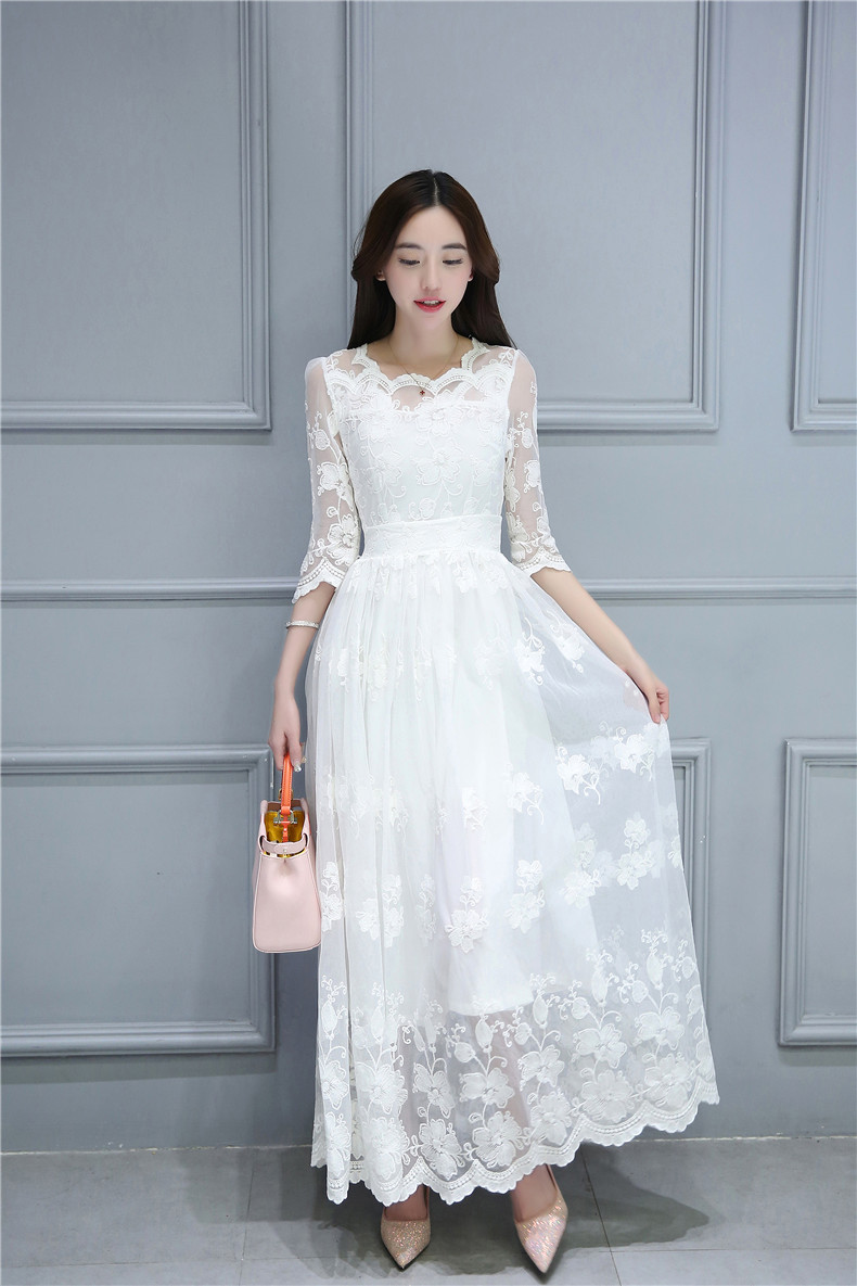 卡遇2016年中袖新款韩版修身显瘦长款裙子夏收腰长裙仙女裙 白色 l