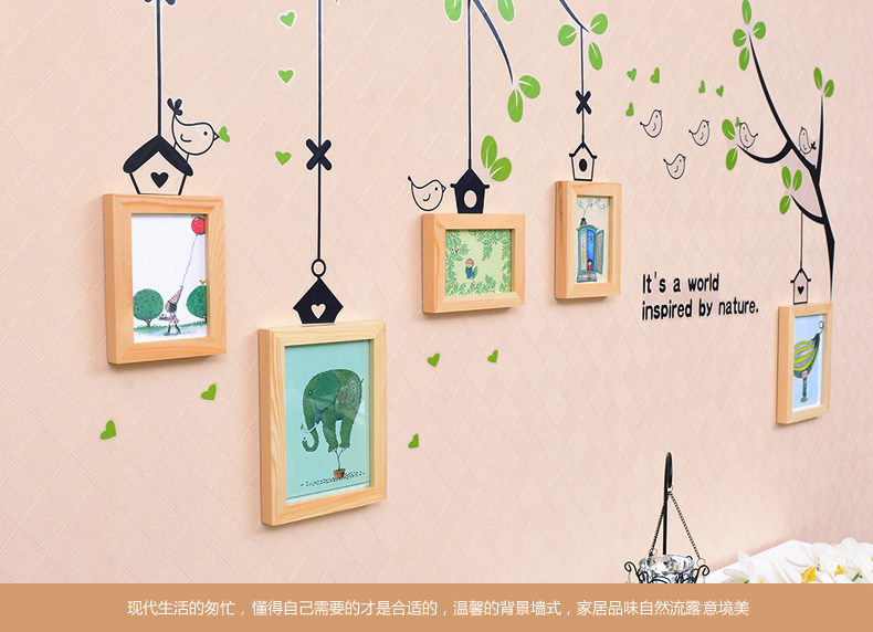 
                                                            全悦实木照片墙 创意绿色小鸟墙贴 相框组合 简约相片墙5QYQT-3 白樱+绿色小鸟墙贴                