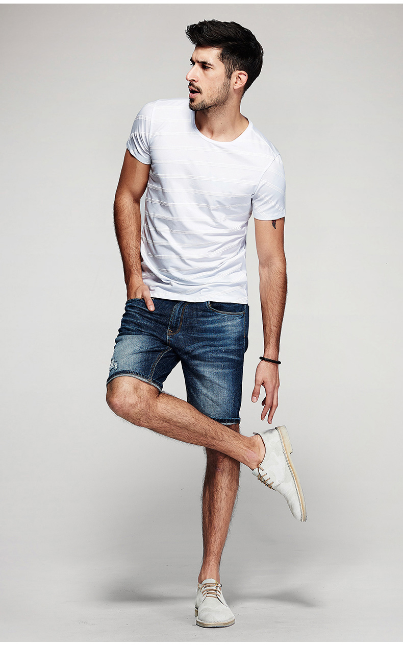 ①款式:【kuegou】条纹圆领男士短袖t恤 ②设计::精细斜条纹,有别