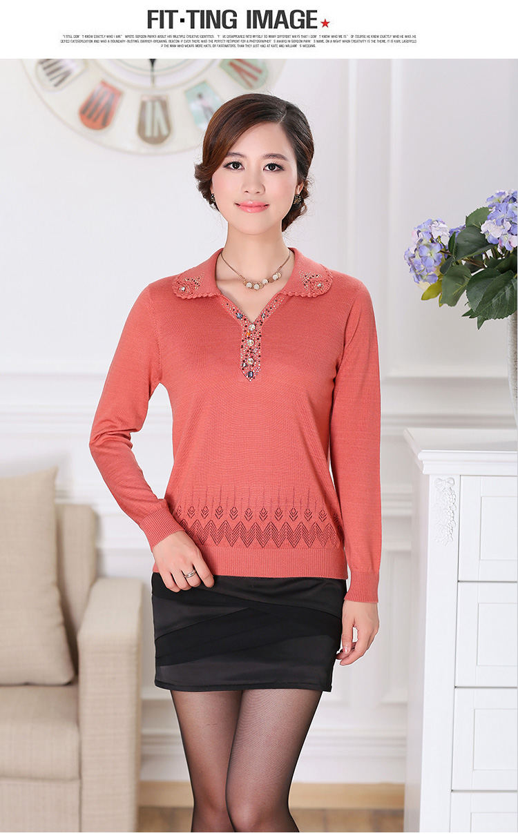 香颜中年妈妈装春装新款大码针织衫长袖翻领打底衫上衣中老年女装