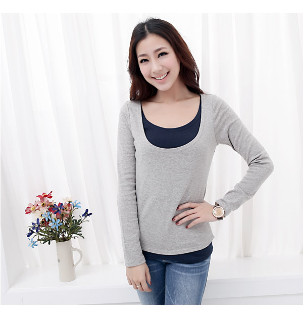 欣柏纶2015春装新款撞色假两件套修身长袖T恤衫女B615 粉色 XL