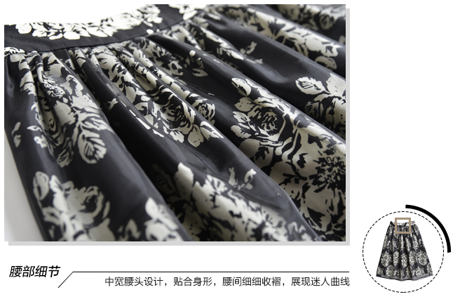 
                                        小虫长袖显瘦小香风套装裙两件套连衣裙修身印花伞裙女潮 珍珠黑 L                