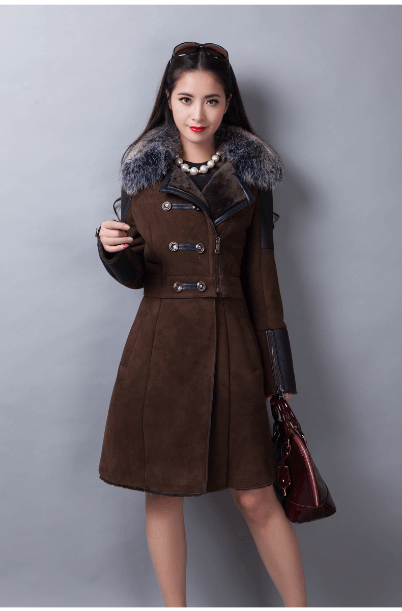 长款女士修身皮毛一体大衣绵羊皮毛狐狸毛领外套羊皮羊毛羊剪绒皮衣皮