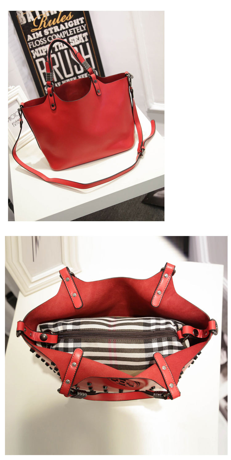 flipped斐莉德 大容量子母包手提单肩铆钉装饰纯色牛皮斜挎女包 蓝色