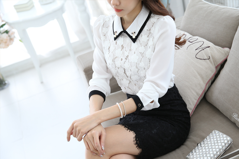 BaoShanTXu 蕾丝雪纺衫女2016新款春装娃娃领蕾丝衫女修身雪纺衫长袖打底衫 白色 M