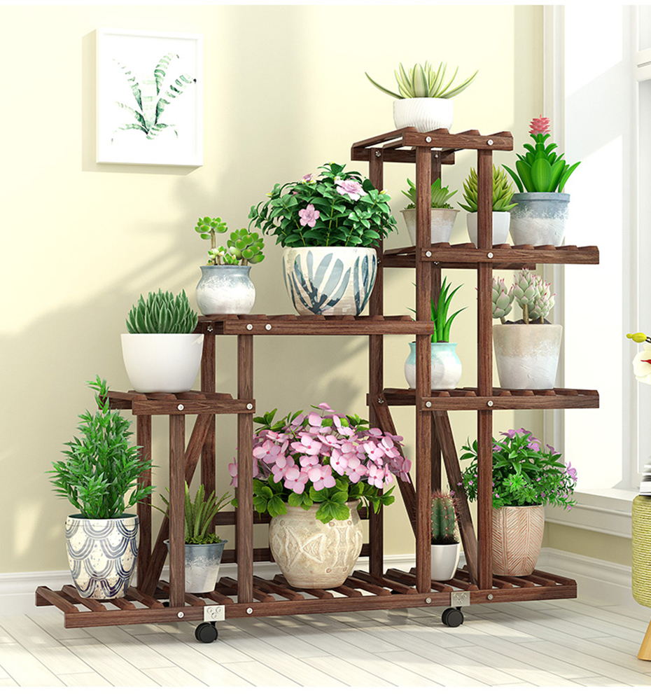 雕菲 花架 实木花架子落地式盆景架阳台花架多层花架子花几 加栏栅款