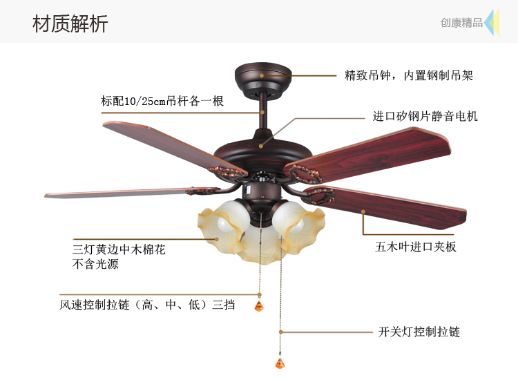 创康吊扇灯 42寸欧式仿古三头木叶创意电风扇餐厅吊灯扇客厅风扇灯 SD111 古铜色42寸 白色小木瓜灯罩+壁控+三线二火一零