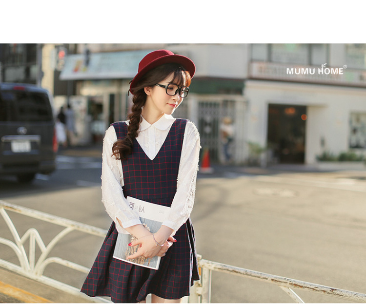 Mumu Home2016春装新款日系学院风甜美格纹修身V领无袖连衣裙 深蓝色 XS