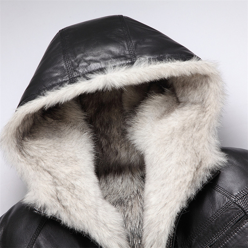 fzog/费佐格 绵羊皮狼毛内胆连帽短款修身男装冬季保暖真皮皮衣厚