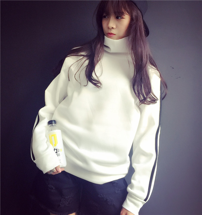 韩版少女三杠高领条纹经典原宿学院风初高中学生宽松套头卫衣外套