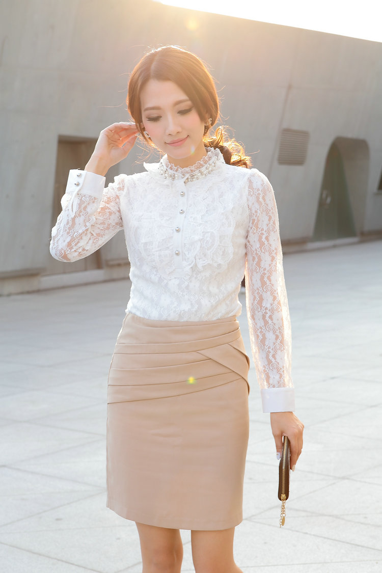 务杰 2016蕾丝打底衫女式高领春秋装新款长袖白色蕾丝衬衫 52白色 L