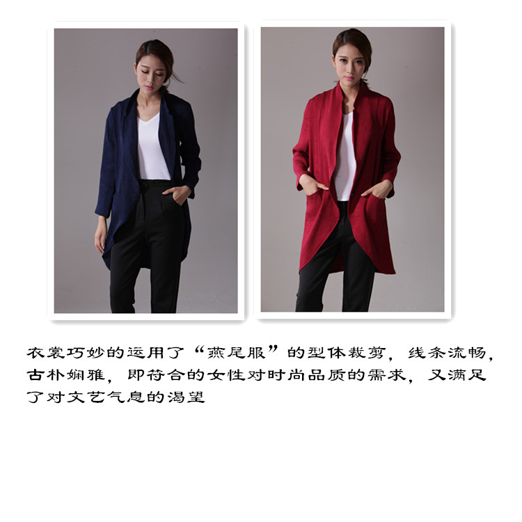 6079#秋季2015休闲小西装女外套亚麻显瘦中长款长袖休闲西服 藏青色 M