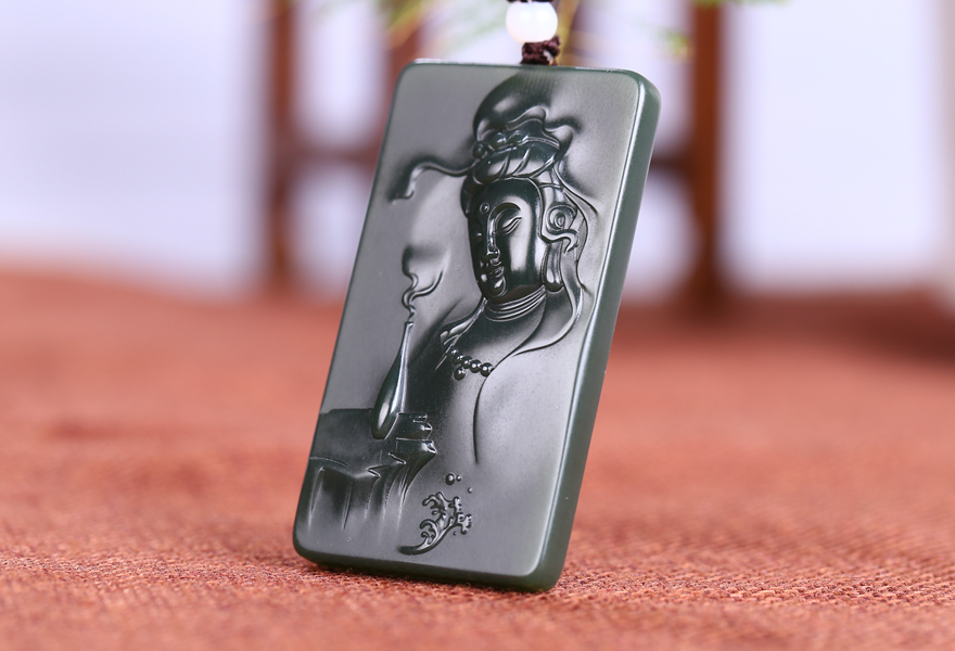 【实物已检】河南省玉石雕刻大师时晓铎作品 和田玉青玉净瓶观音牌子