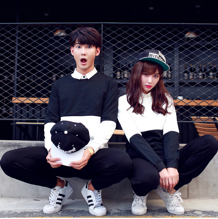 丹杰仕 2015秋季新款韩版休闲时尚装黑白拼接情侣装卫衣男女青年大码