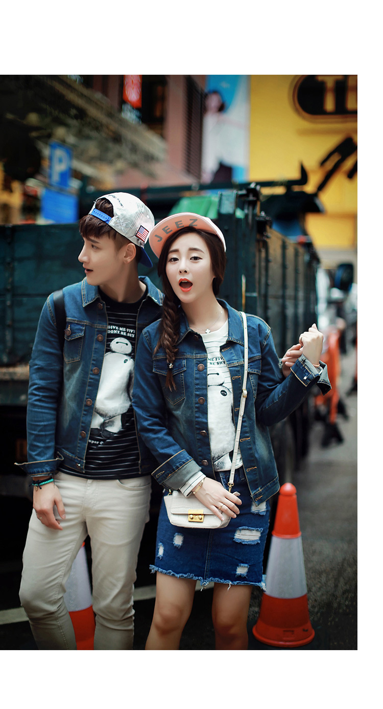甜蜜千依2015秋冬韩版简约新款牛仔情侣装外套 潮男女牛仔夹克 蓝色 l