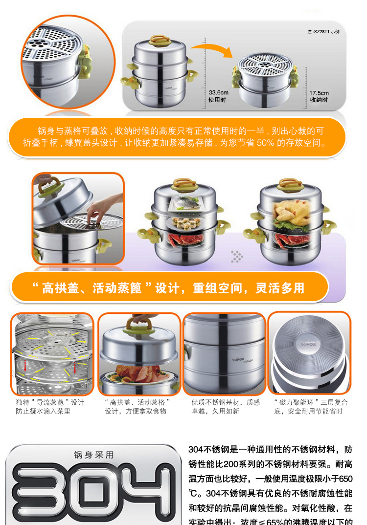 
                                                            苏泊尔（SUPOR） 蒸锅 三层 26cm巧乐宝易存储复底304不锈钢蒸锅SZ26T1                