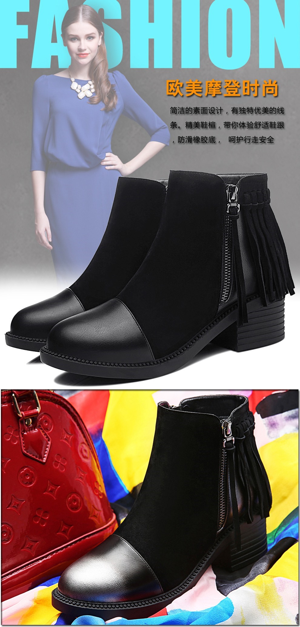 heipao短靴女秋真冬磨砂皮马丁靴英伦中跟粗跟侧拉链及踝靴欧美百搭