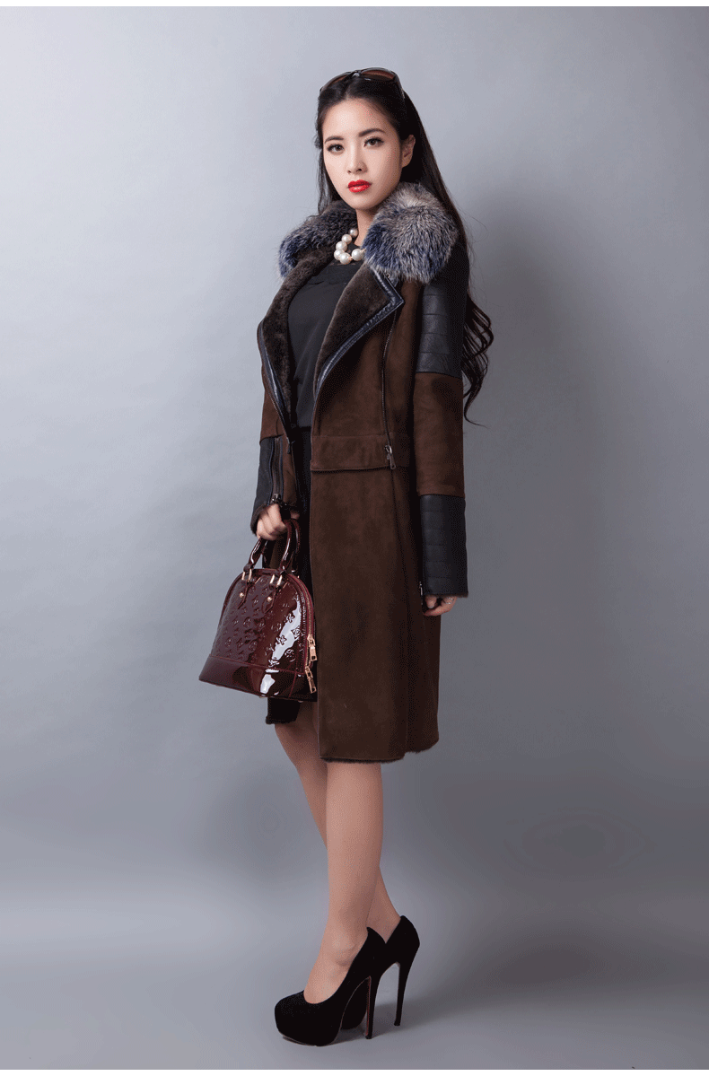 长款女士修身皮毛一体大衣绵羊皮毛狐狸毛领外套羊皮羊毛羊剪绒皮衣皮