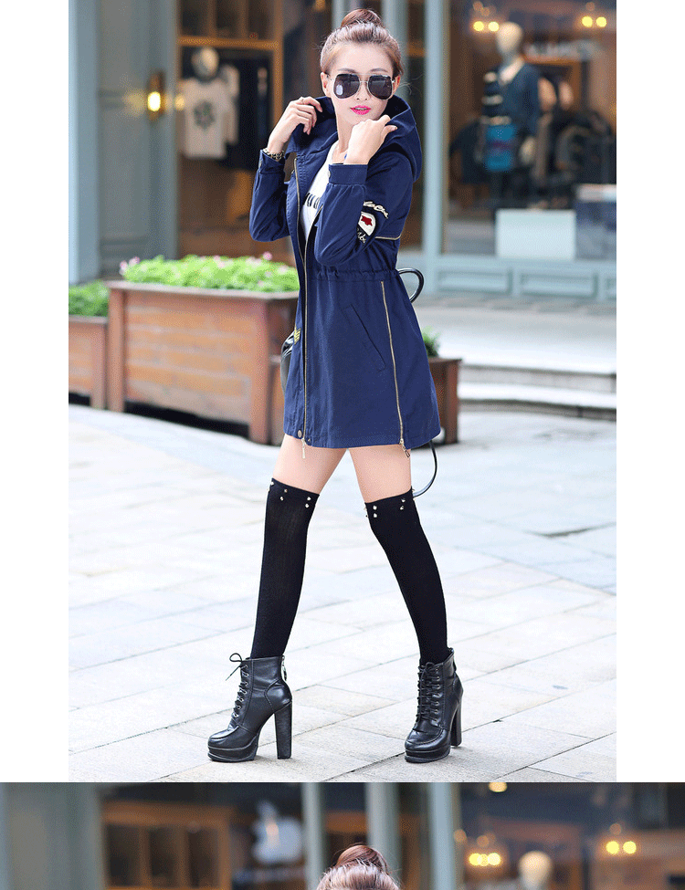 曼舞轻影 风衣 女2015秋款女装外套韩版修身显瘦风衣女1011 藏青 XXL