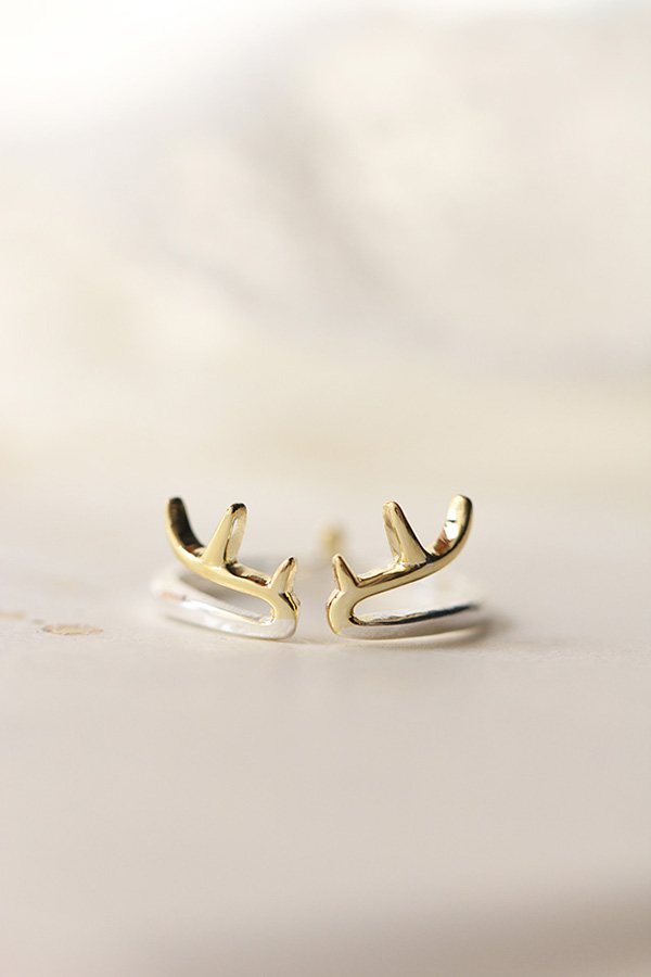925银 可爱 金鹿角 6~13#开口 尾戒 食指戒 戒指