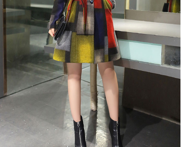 拉缇儿 2016秋冬新款女装冬款毛呢大衣女毛呢外套修身格子中长款 355 兰格 M