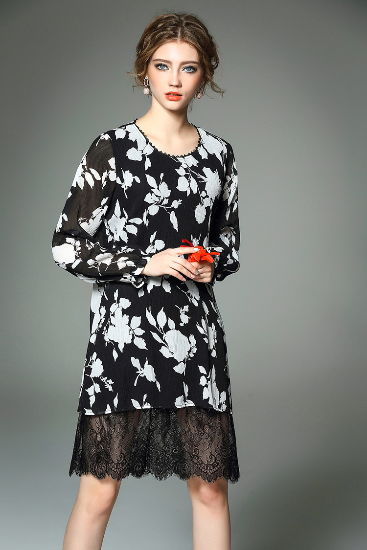mistic 2016春季新款欧美女装 圆领中长款印花长袖连衣裙女 黑色 m