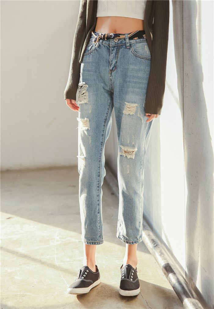 南乌情 宽松显瘦乞丐裤哈伦裤破洞牛仔裤女九分裤夏 d2 浅蓝色 29