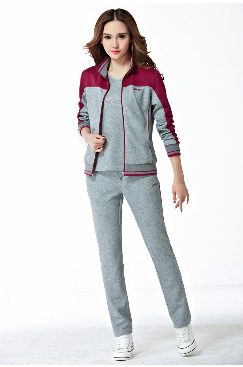 吾酷吾秀 2016新款棉质三件套运动服 休闲开衫中老年女士套装 春秋薄