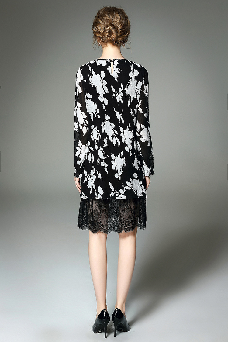 mistic 2016春季新款欧美女装 圆领中长款印花长袖连衣裙女 黑色 m