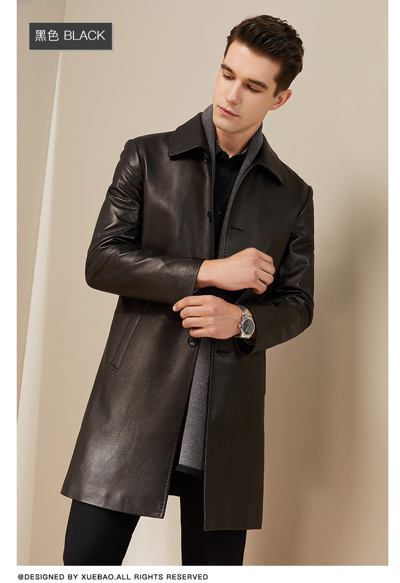 雪豹秋季真皮风衣男中长款 商务翻领纽扣修身绵羊皮外套 黑色 175/96a